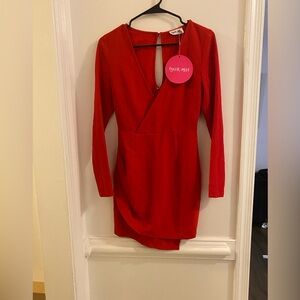 Tiger Mist Bright Red Long Sleeve Wrap Mini Dress